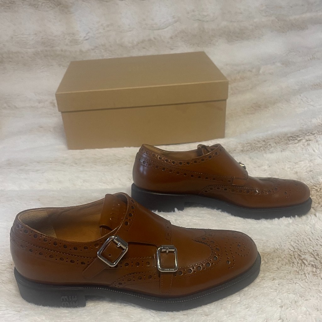 Miu Miu X Church's Brogue Leather Double Monk Loafers In Tabacco Womens 37